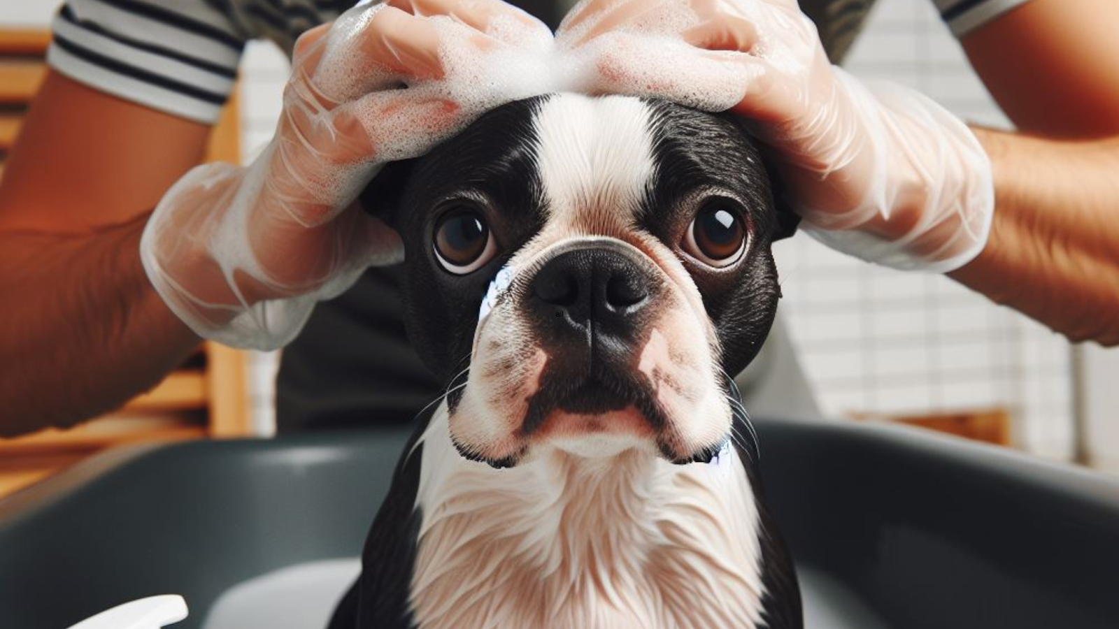 Bathing a Boston Terrier to help remove dead hair from shedding