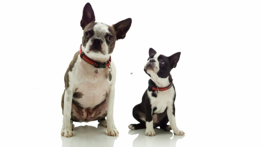 Boston Terrier puppy with erect ears looking at adult Boston Terrier with erect ears