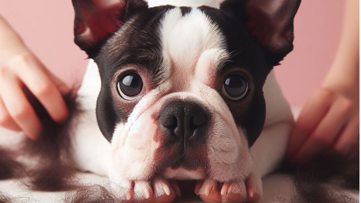 close up Boston Terrier losing hair pink background