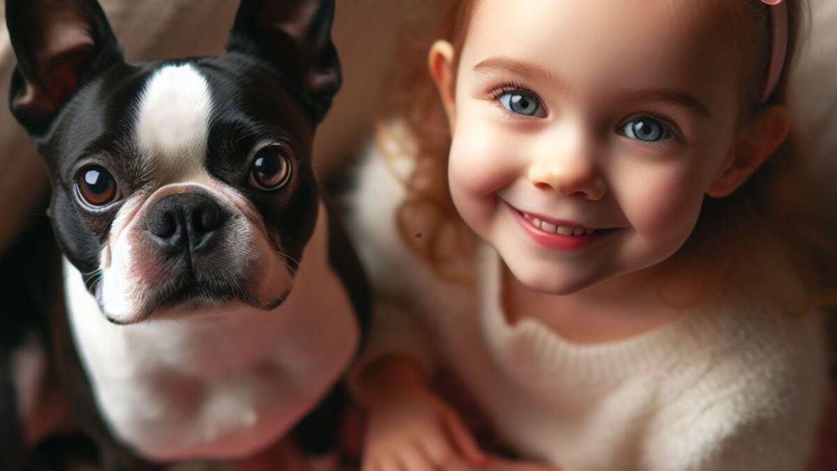 close up portrait of a Boston Terrier dog and a little girl