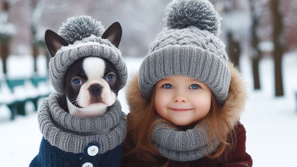 Boston Terrier and little girl in winter and snow are Boston Terriers good with kids
