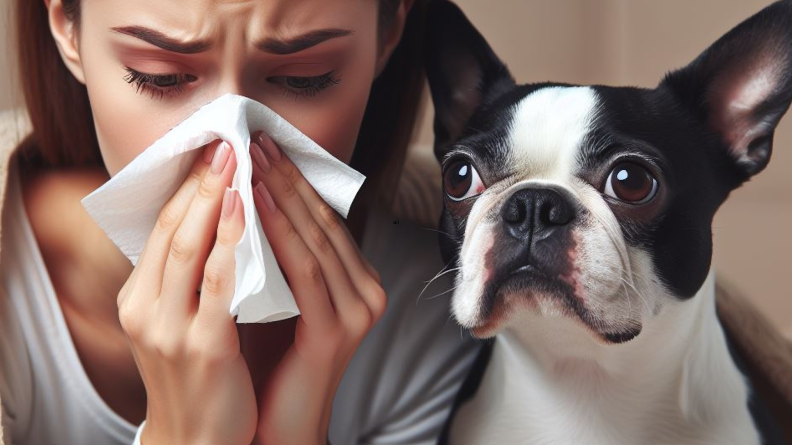 woman sneezing from pet allergy to Boston Terrier