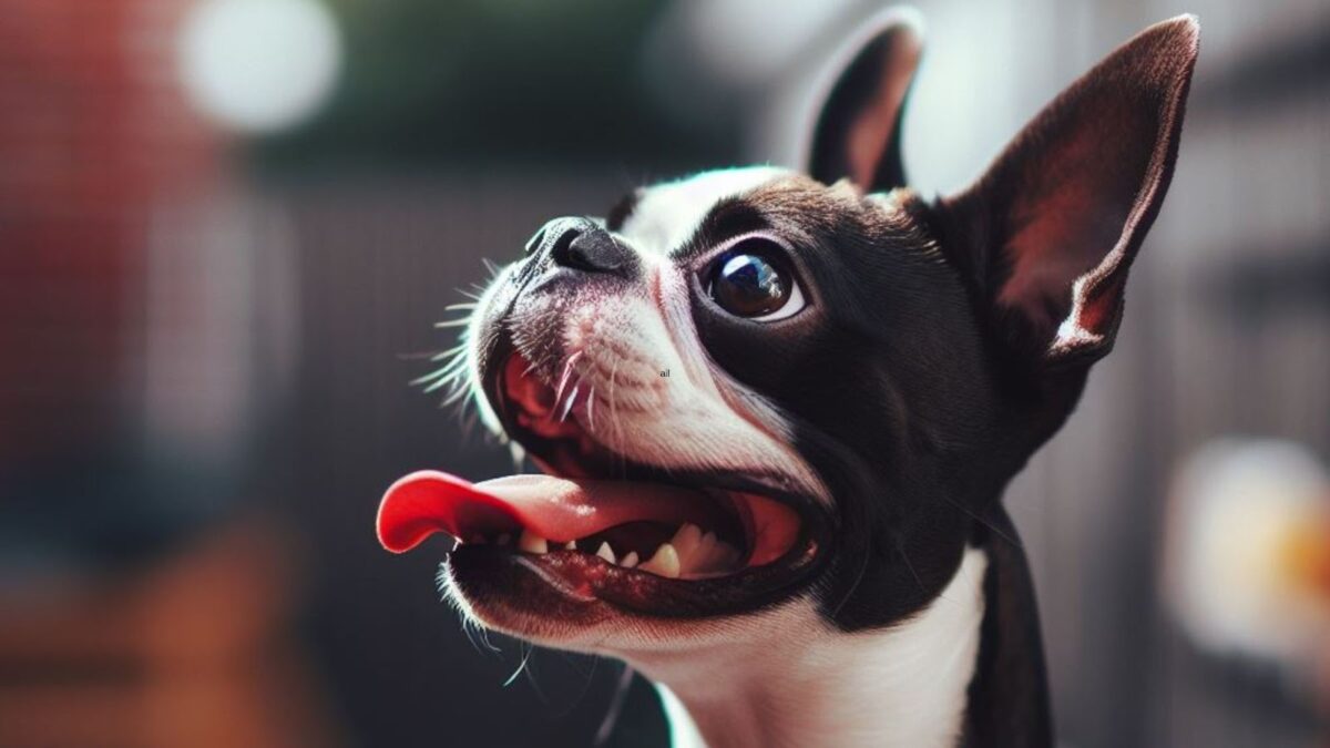 Close up of Boston Terrier face barking