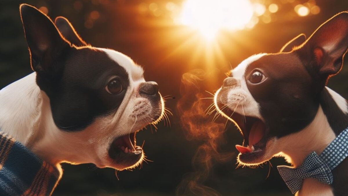 Two Boston Terriers barking at each other
