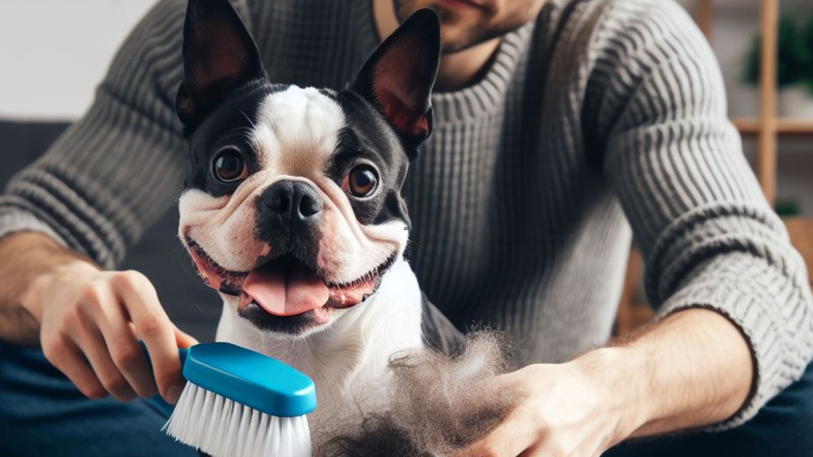 Boston Terrier heavy shedding being brushed own in background