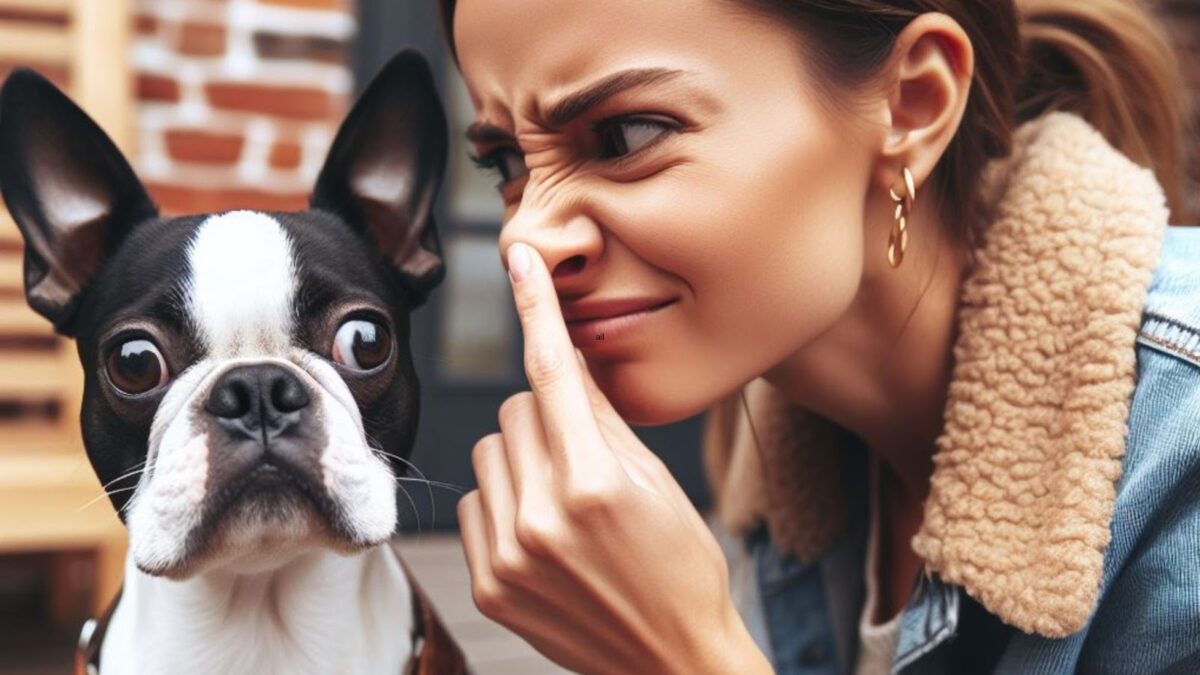 Woman wrinkling her nose at Boston Terrier, do Boston Terriers smell