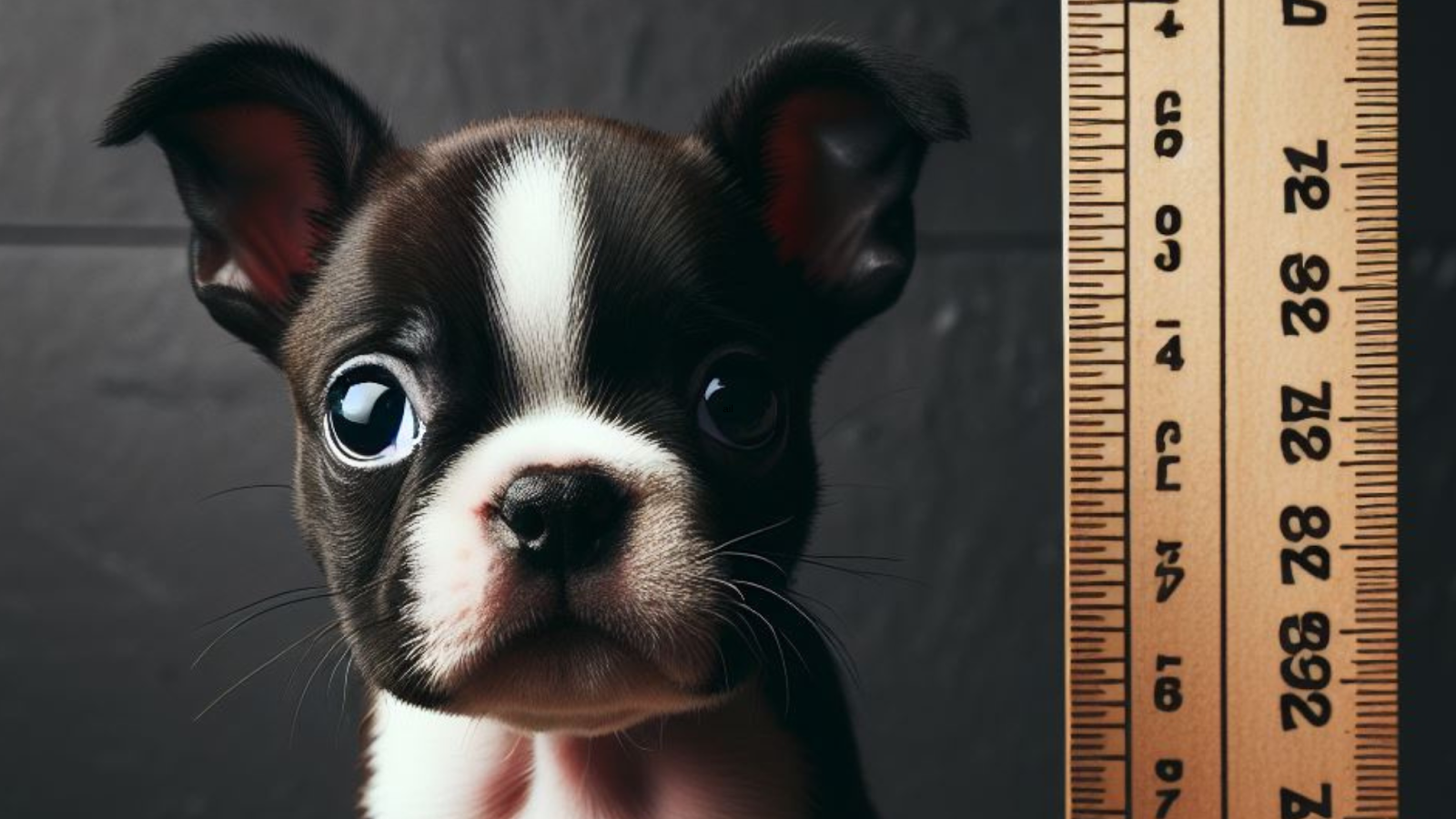 A Boston Terrier puppy next to a ruler measuring their height