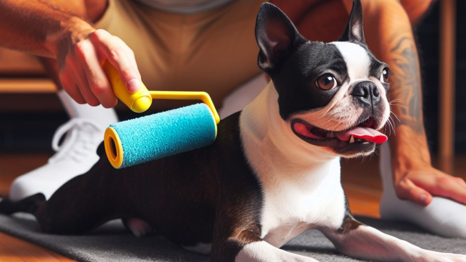 Owner running lint roller over Boston Terrier to remove loose hair from shedding