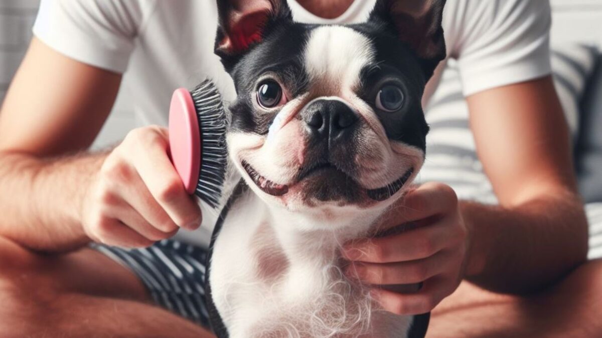 owner brushing a shedding Boston Terrier dog
