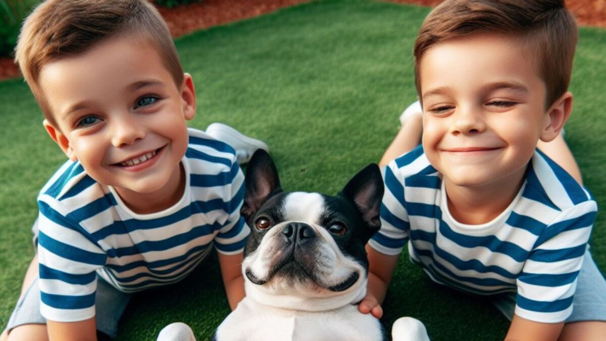 a Boston Terrier happily plays with twin boys