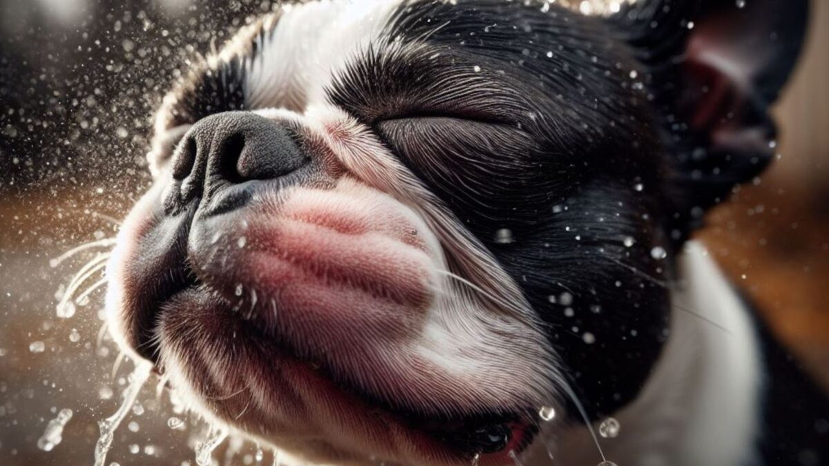 close mouth and eyes of sneezing Boston Terrier dog